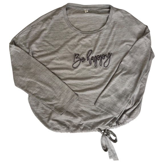 No Brand Sweaters - Gray "Be Happy" Embroidered Long Sleeve Tie Hem Pullover Sweatshirt Women's M